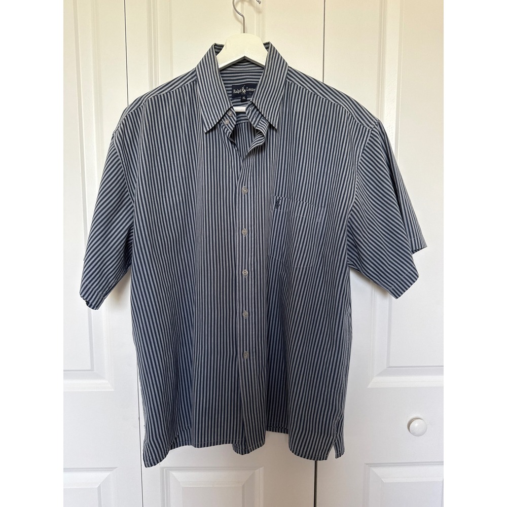 Ralph Lauren Mens XL Short Sleeve Button Down Shirt Navy Grey Striped Pony Logo